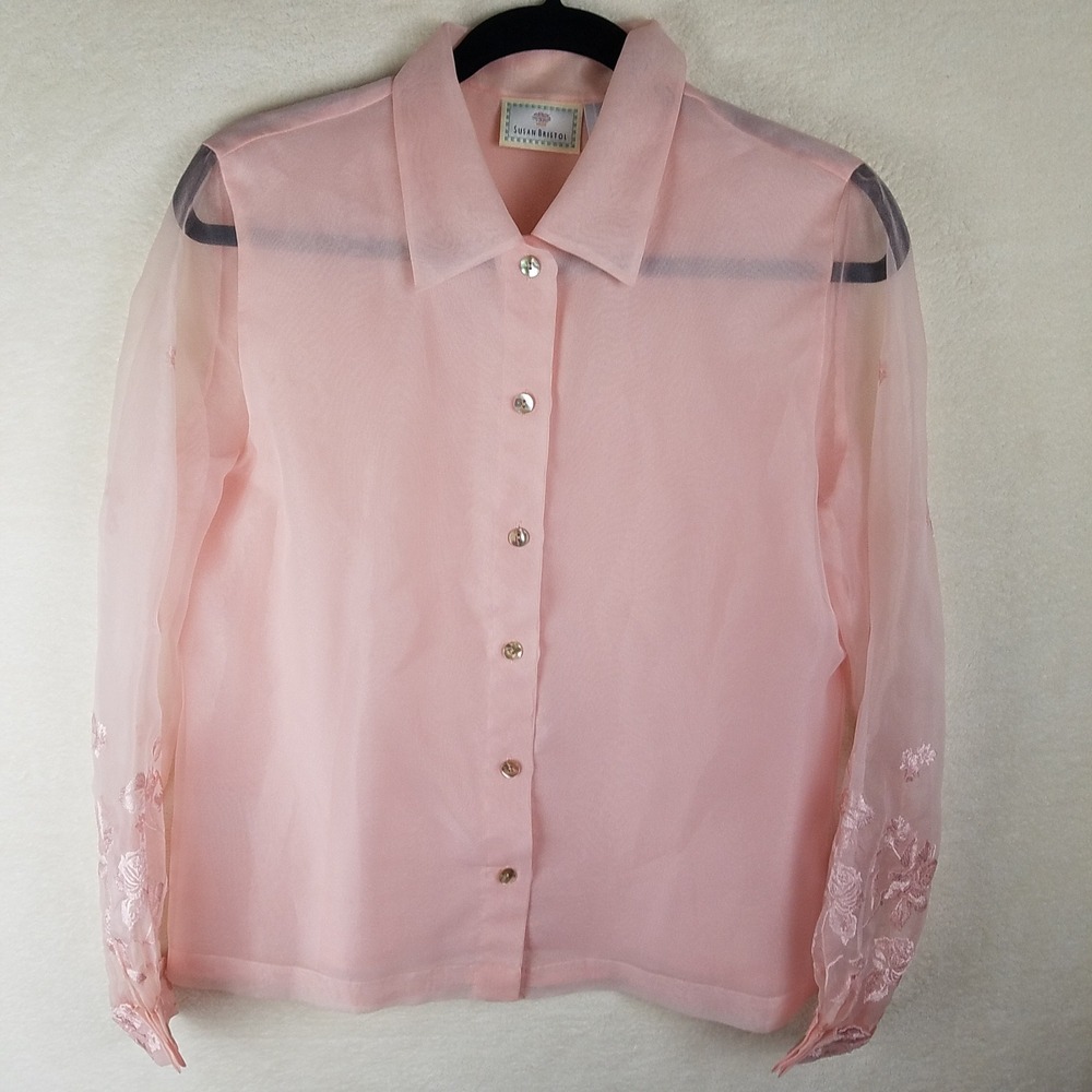 Susan Bristol Blouse Womens 8 Pink NWOTSheer Embroidered Sleeve Button Up
